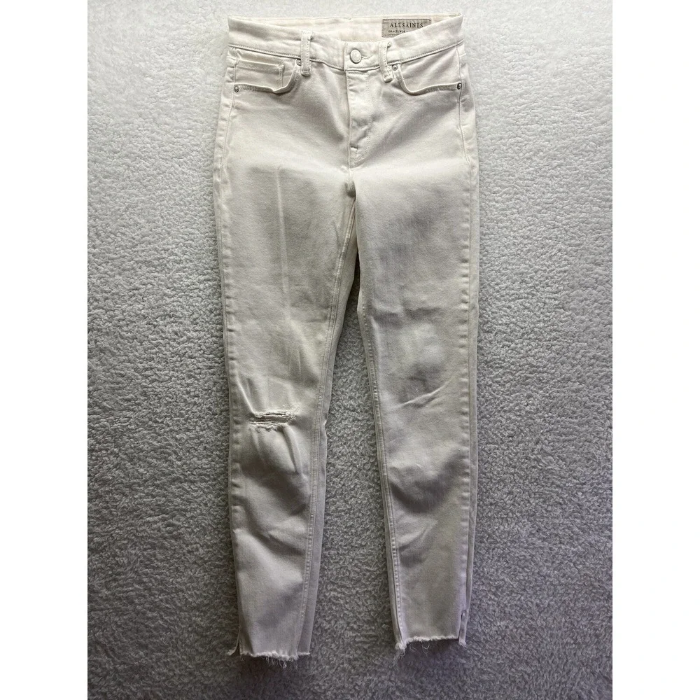 AllSaints Jeans Womens 28 White Grace Slashed Skinny Stretch Pants Pockets Chore
